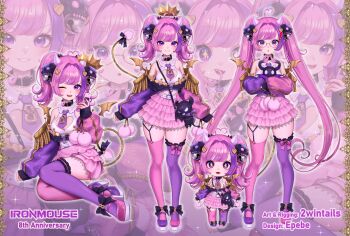 1girl 2wintails ahoge asymmetrical_legwear blush breasts chibi cleavage_cutout closed_mouth clothing_cutout ebepe frilled_skirt frills full_body glasses hair_ornament highres horns indie_virtual_youtuber ironmouse long_hair looking_at_viewer lying medium_breasts miniskirt mismatched_legwear mismatched_shoes multicolored_hair necktie off_shoulder official_alternate_costume official_art on_side one_eye_closed pink_hair pink_thighhighs purple_eyes purple_hair purple_necktie purple_thighhighs sitting skirt sleeves_past_wrists smile standing thighhighs thighs twintails two-tone_hair virtual_youtuber wink zoom_layer