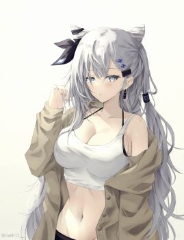 Rule 34 | 1girl, absurdres, alternate costume, artist name, black bra, black ribbon, bra, breasts, brown jacket, casual, cleavage, collarbone, commentary, cone hair bun, crop top, double bun, earrings, english commentary, gradient background, grey eyes, grey hair, hair between eyes, hair bun, hair ornament, hair ribbon, hair tubes, hairclip, hand up, highres, hololive, hololive indonesia, huge breasts, jacket, jewelry, long hair, looking at viewer, messy hair, midriff, mixed-language commentary, nash11, navel, off shoulder, open clothes, open jacket, parted lips, playing with own hair, ribbon, simple background, single bare shoulder, single off shoulder, solo, tank top, twitter username, underwear, upper body, vestia zeta, virtual youtuber, watermark, white background, white tank top