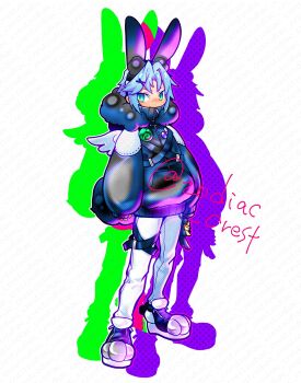 Rule 34 | 1boy, alternate costume, animal ear hairband, animal ears, black coat, chest strap, coat, fake animal ears, final fantasy, final fantasy vii, final fantasy vii: ever crisis, full body, fur-trimmed coat, fur trim, green eyes, grey hair, hair ornament, hairband, highres, kemonomimi mode, male focus, mini wings, pants, parted bangs, paw shoes, puffy coat, rabbit boy, rabbit tail, rukashio, sephiroth, sephiroth (ever crisis), short hair, slit pupils, solo, standing, tail, twitter username, white pants, wings, x hair ornament