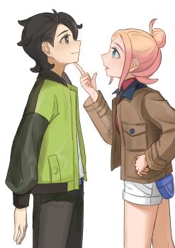 1boy 1girl black_hair blonde_hair blue_bag brown_jacket closed_mouth commentary_request from_side green_jacket hair_bun hand_up highres index_finger_raised jacket long_sleeves looking_at_another murian0606 nintendo open_clothes open_jacket pants paxton_(pokemon) pokemon pokemon_legends:_z-a shirt short_hair shorts simple_background taunie_(pokemon) white_background white_shirt