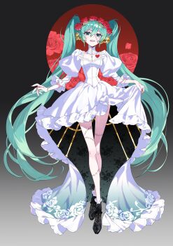 1girl absurdres aqua_eyes aqua_hair atomicmrshmallw bare_legs black_shoes commentary cosplay dress english_commentary fingernails floral_print frankenstein's_monster frankenstein's_monster_(cosplay) frilled_dress frilled_socks frills gradient_background halloween halloween_costume halo halo_behind_head hatsune_miku heart highres long_dress long_hair nail_polish red_halo red_nails shoes smile socks solo stitched_arm stitched_face stitched_leg stitched_wrist stitches under_skirt vocaloid white_dress