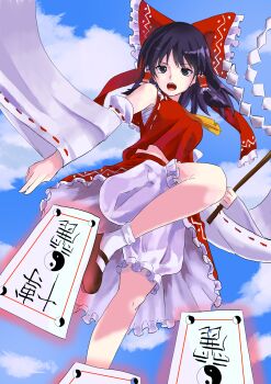 Rule 34 | 1girl, absurdres, ascot, black eyes, black hair, bloomers, blue sky, bow, brown shoes, chest sarashi, cloud, commentary request, day, detached sleeves, frilled bow, frilled hair tubes, frilled skirt, frills, gohei, hair bow, hair tubes, hakurei reimu, highres, holding, holding gohei, leg up, looking at viewer, mary janes, ofuda, open mouth, red bow, red skirt, ribbon-trimmed sleeves, ribbon trim, sarashi, shoes, skirt, skirt set, sky, socks, solo, touhou, underwear, veow, white bloomers, white socks, yellow ascot