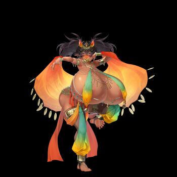 1girl areola_slip armlet armpits barefoot belly black_background black_hair bracelet breasts covered_erect_nipples dancer dark-skinned_female dark_skin earrings full_body gigantic_breasts haitai_umita harem_pants highres horns jewelry large_areolae long_hair looking_at_viewer original pants pointy_ears ring simple_background solo twintails