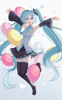 1girl absurdres aqua_hair aqua_necktie aqua_trim armpits arms_up balloon black_skirt blue_eyes blush boots breasts collared_shirt detached_sleeves grey_shirt hair_between_eyes hair_ornament hatsune_miku highres long_hair long_sleeves looking_at_viewer miniskirt necktie open_mouth pleated_skirt sharonda shirt simple_background skirt sleeveless sleeveless_shirt small_breasts smile solo thigh_boots thighhighs twintails very_long_hair vocaloid white_background wide_sleeves zettai_ryouiki
