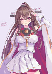 Rule 34 | 1girl, absurdres, breasts, brown hair, coat, collar, contrapposto, detached sleeves, grey background, highres, hizaka, kantai collection, kikumon, large breasts, long hair, metal collar, one-hour drawing challenge, pleated skirt, red eyes, shirt, simple background, skirt, smile, solo, white coat, white shirt, yamato (kancolle), yamato kai ni (kancolle)