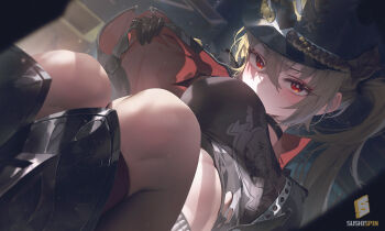 1girl absurdres black_boots black_gloves black_hat black_shirt blonde_hair blush boots breasts breasts_apart crossed_bangs feet_out_of_frame gloves hair_between_eyes hat highres jacket knee_boots large_breasts long_hair looking_at_viewer luciana_de_montefio open_clothes open_jacket red_eyes red_jacket shirt solo sushispin twintails zenless_zone_zero