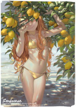 1girl absurdres alphonse_(white_datura) bikini blonde_hair border english_text food fruit glasses gold_bikini highres lemon loli long_hair original outdoors revision side-tie_bikini_bottom solo swimsuit tree wet white_border