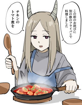 1girl absurdres blonde_hair chicken_(food) commentary_request cooking demon demon_child_(sousou_no_frieren) demon_girl demon_horns food frying_pan highres holding holding_spoon horns long_hair open_mouth purple_eyes simple_background sousou_no_frieren speech_bubble spoon tenten_(chan4545) white_background