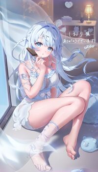 1girl absurdres ahoge blue_eyes blue_hair blue_ribbon bow braid breasts cleavage clothing_request collarbone commentary_request commission curtains floating_curtains food frills fudgesicle full_body hair_ornament hairband hairclip highres indoors kneehighs lamp long_hair mayuma_(mayuma_0715) medium_breasts project_nebula ribbon second-party_source see-through_clothes see-through_curtains see-through_socks shelf single_bare_foot single_kneehigh single_sock skeb_commission sliding_doors slippers socks solo tissue_box unworn_slippers usui_yura virtual_youtuber white_bow white_hairband