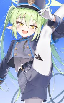 1girl :d artist_request belt black_tail blue_archive blue_background blue_sky blush demon_tail fang gloves green_hair green_halo hair_between_eyes halo hat highres jacket loli long_hair long_sleeves looking_at_viewer nozomi_(blue_archive) open_mouth pantyhose peaked_cap pointy_ears shorts sky smile solo split standing standing_on_one_leg standing_split tail train_conductor twintails very_long_hair white_gloves white_pantyhose yellow_eyes