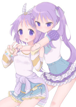 2girls absurdres arms_around_neck blue_skirt blush bracelet clothes_around_waist frilled_skirt frills hair_ribbon hair_tie highres hiiragi_kagami hiiragi_tsukasa hug hug_from_behind jacket jacket_around_waist jewelry long_hair long_sleeves looking_at_viewer lucky_star meshisushi multiple_girls open_mouth purple_eyes purple_hair ribbon shirt short_hair short_sleeves siblings simple_background sisters skirt striped_sleeves twins twintails v very_long_hair white_background white_shirt