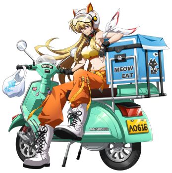 1girl animal_ears bag bandana bandana_around_arm bare_shoulders belt black_gloves blonde_hair boots box breasts closed_mouth crop_top delivery fake_animal_ears fingerless_gloves floating_hair food_delivery_box full_body game_cg gloves goggles goggles_on_headwear hair_between_eyes helmet highres insulated_delivery_bag lace-up_boots langrisser langrisser_i langrisser_mobile leg_up leticia_(langrisser) license_plate logo long_hair long_sidelocks looking_at_viewer medium_breasts midriff motor_vehicle motorcycle_helmet navel official_alternate_costume official_art on_scooter orange_pants pants panty_straps pink_eyes plastic_bag rear-view_mirror scooter second-party_source shirt sidelocks simple_background sitting sleeveless sleeveless_shirt smile solo sports_bra tachi-e transparent_background underwear very_long_hair wheel white_bandana white_boots white_helmet writing yellow_belt yellow_shirt