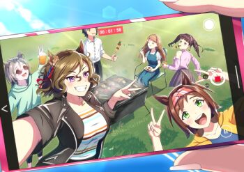 1boy 5girls :d absurdres animal_ears black_jacket breasts brown_hair cellphone cooking cup detached_sleeves double_v dress faceless faceless_male food green_dress green_eyes green_sweater grey_hair grey_skirt grill grilling hair_pulled_back hairband highres holding holding_cup holding_food horse_ears horse_girl jacket large_breasts leather leather_jacket mahiro_(mhr_illustrator) multiple_girls open_clothes open_jacket open_mouth phone pink_shirt red_hairband selfie shirt short_hair skirt smartphone smile striped_clothes striped_shirt sweater tap_dance_city_(casual)_(umamusume) tap_dance_city_(umamusume) twintails twitter_username umamusume v white_shirt