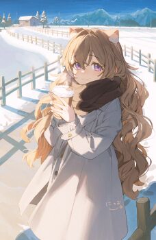 1girl animal_ear_fluff animal_ears brown_hair brown_scarf cat_ears coat cup disposable_coffee_cup disposable_cup double-parted_bangs hair_between_eyes hair_intakes highres holding holding_cup light_blush long_hair looking_at_viewer nyum original outdoors purple_eyes scarf sidelocks signature snow solo wavy_hair white_coat