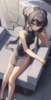 1girl absurdres bare_legs bare_shoulders black_dress black_gloves black_hair blue_archive breasts butterfly_hair_ornament chair china_dress chinese_clothes commentary_request double_bun dragon_print dress foot_out_of_frame gloves grey_eyes hair_bun hair_ornament halo highres kisaki_(blue_archive) long_hair lounge_chair parted_lips pelvic_curtain short_dress sitting sleeveless sleeveless_dress small_breasts solo thighs twintails very_long_hair yamanokami_eaka