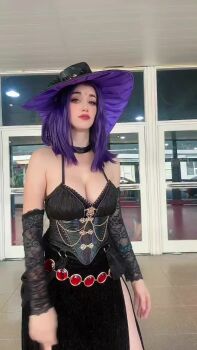 1girl adapted_costume animated argentine_(nationality) bare_legs bare_shoulders black_dress breasts closed_mouth cosplay dancing dc_comics dress elbow_gloves gloves hat looking_at_viewer outdoors purple_hair raven_(dc) raven_(dc)_(cosplay) real_life smile sophie_valentine standing tagme teen_titans video witch_hat