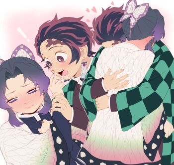 1boy alternate_universe animal_print belt black_hair blue_butterfly blush brown_hair bug butterfly butterfly_print checkered_clothes checkered_haori checkered_sash closed_eyes contemporary couple demon_slayer_uniform earrings flower gradient_hair hanafuda hanafuda_earrings haori highres hug insect japanese_clothes jewelry kamado_tanjirou kimetsu_no_yaiba kishimen_hair kochou_shinobu multicolored_hair open_mouth pkhoahue purple_butterfly scar scar_on_face scar_on_forehead smile sword_writing updo white_belt wisteria