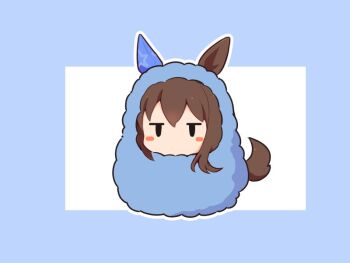 1girl admire_vega_(umamusume) animal_ears blush_stickers brown_hair chibi chibi_only commentary_request ear_covers full_body gomashio_(goma_feet) horse_ears horse_girl horse_tail jitome looking_at_viewer no_mouth single_ear_cover solo tail umamusume