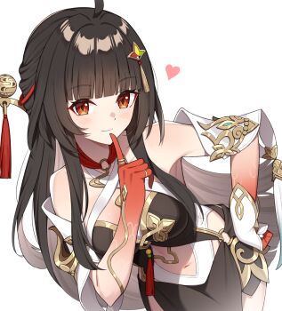 1girl bare_shoulders blush breasts brown_hair chinese_clothes closed_mouth clothing_cutout colored_extremities commentary cowboy_shot criss-cross_halter diamond-shaped_pupils diamond_(shape) finger_to_mouth fingerless_gloves gloves hair_ornament halterneck hand_on_own_hip hand_up heart highres honkai:_star_rail honkai_(series) leaning_forward lingsha_(honkai:_star_rail) long_hair looking_at_viewer medium_breasts navel navel_cutout orange_eyes red_hands scales simple_background single_glove smile solo symbol-shaped_pupils t@ke-g upper_body white_background white_gloves