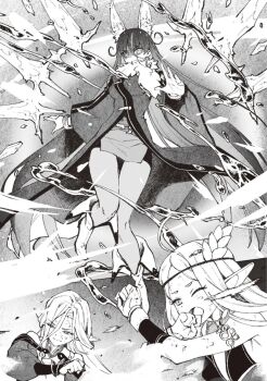 3girls ahoge animal_ears bare_shoulders boots breasts character_request chyko closed_mouth coat detached_sleeves dust elf female_focus flying fox_ears fur-trimmed_collar fur-trimmed_robe fur_trim highres large_breasts long_hair lucia_rogier miniskirt monochrome multiple_girls nageki_no_bourei_wa_intaishitai novel_illustration official_art one_eye_closed open_mouth pantyhose pencil_skirt pointy_ears robe skirt sword very_long_hair weapon