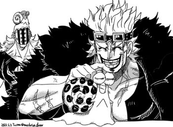 2022 2boys artist_request dated eustass_kid fur_trim killer_(one_piece) long_hair mask monochrome multiple_boys muscular one_piece scar scar_on_face short_hair very_long_hair what