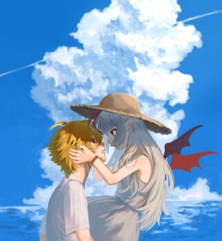 1boy 1girl blonde_hair blue_sky bracelet cloud day demon_girl demon_wings dress green_eyes grey_hair hanagoe_(mtino_star) hands_on_another&#039;s_face hat highres jewelry long_hair looking_at_another makaino_ririmu makaino_ririmu_(3rd_costume) nijisanji official_alternate_costume pointy_ears red_eyes shirt short_hair sky straw_hat sundress upper_body uzuki_kou virtual_youtuber white_dress white_shirt wings