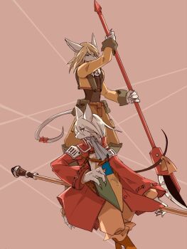 Rule 34 | 1boy, 1girl, animal ears, armor, ascot, blonde hair, brown background, brown pants, burmecian, claws, coat, final fantasy, final fantasy ix, fratley, freya crescent, grey ascot, grey hair, hair between eyes, highres, holding, holding polearm, holding weapon, mouse boy, mouse ears, mouse girl, mouse tail, orange pants, pants, polearm, red coat, ribbon, shoulder armor, sososohran, tabard, tail, tail ornament, tail ribbon, weapon