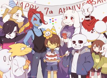 2others 3girls 5boys :q ^_^ alphys android animal_ears anniversary annoying_dog antenna_hair asgore_dreemurr asriel_dreemurr asymmetrical_bangs bare_arms bare_shoulders beard black_eyes black_hair black_tank_top blonde_hair blue_jacket blue_pants blue_shorts blue_skin blue_sweater blush bob_cut brothers brown_hair brown_shorts cake chara_(undertale) cloak closed_eyes closed_mouth collared_shirt colored_skin colored_teeth confetti cousins denim denim_shorts eyepatch facial_hair fangs father_and_son feet_out_of_frame fins flowey_(undertale) food frisk_(undertale) furry furry_female furry_male ghost glasses goat_boy goat_ears goat_girl gradient_background green_sweater grey_background grey_hood grin hair_behind_ear hair_between_eyes hair_over_one_eye hand_in_pocket hands_on_own_hips happy_anniversary hashtag-only_commentary hat head_fins heart high_ponytail highres holding holding_hands holding_party_popper hood hood_down hooded_jacket horns jacket jeans long_hair long_sleeves looking_at_another mettaton mettaton_ex mother_and_son multiple_boys multiple_girls multiple_others nano_mochi napstablook number_candle open_clothes open_jacket open_mouth pants papyrus_(undertale) party_hat party_popper pink_sweater plate ponytail puffy_long_sleeves puffy_sleeves purple_cloak red_eyes red_hair red_scarf round_eyewear sans_(undertale) scarf sharp_teeth shirt short_hair short_shorts shorts siblings simple_background skeleton skin_fangs smile standing standing_on_one_leg strawberry_cake striped_clothes striped_sweater sweater tank_top teeth temmie tongue tongue_out toriel twitter_username two-tone_sweater undertale undyne utdr_(toby_fox) white_background white_eyes white_fur white_shirt yellow_skin yellow_sweater yellow_teeth