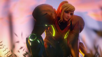 3d absurdres arm_cannon armor blonde_hair field fortnite highres looking_up metroid model nintendo ponytail power_armor power_suit_(metroid) samus_aran solo squatting ta5tyy2 varia_suit weapon