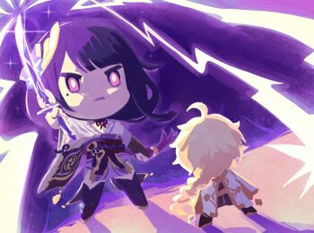 1boy 1girl aether_(genshin_impact) aeveternal ahoge angry arm_up black_thighhighs blonde_hair blunt_bangs braid bridal_gauntlets chibi chibi_only clenched_hand closed_mouth commentary commission couple curly_hair electricity english_commentary bad_tag from_behind full_body genshin_impact glowing glowing_eyes glowing_sword glowing_weapon hair_flowing_over hair_ornament highres holding holding_sword holding_weapon japanese_clothes katana kimono long_braid long_hair looking_down mole mole_under_eye musou_isshin_(genshin_impact) neck_ribbon off_shoulder outdoors pants purple_background purple_eyes purple_hair purple_kimono purple_sky raiden_shogun red_ribbon red_sash ribbon sash scarf shade shadow single_braid sky standing sword thighhighs weapon white_scarf