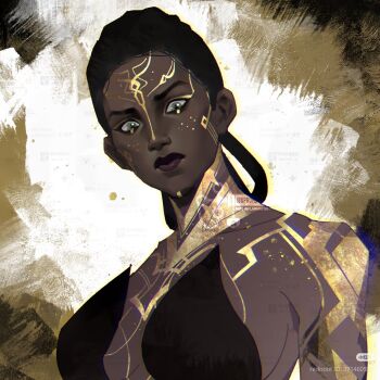 1girl alternate_hairstyle angry arcane:_league_of_legends artist_name artist_request bad_source bare_shoulders black_dress black_hair breasts closed_mouth collarbone colored_veins dark-skinned_female dark_skin dreadlocks dress earrings facial_tattoo from_below glitter glitter_makeup gold_tattoo green_eyes hair_up head_tilt high_ponytail highres jewelry league_of_legends looking_at_viewer looking_down mel_(league_of_legends) ponytail red_lips shade sideboob sleeveless solo tattoo upper_body very_dark_skin watermark xiaohongshu_id xiaohongshu_logo xiaohongshu_watermark