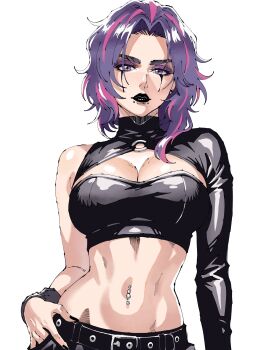 1girl absurdres belt black_belt black_lips black_nails black_shrug black_tube_top boku_no_hero_academia breasts cleavage commentary english_commentary eyeshadow highres lady_nagant large_breasts looking_at_viewer lorna12155671 makeup navel_piercing piercing pink_streaks purple_eyes purple_eyeshadow purple_hair shrug_(clothing) simple_background snakebite_(piercing) solo strapless tube_top white_background