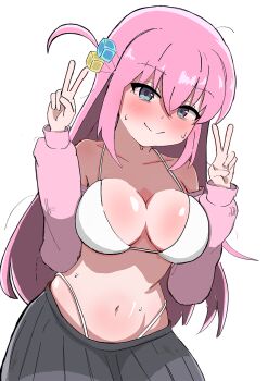 Rule 34 | 1girl, bikini, blue eyes, blush, bocchi the rock!, breasts, closed mouth, collarbone, cowboy shot, double v, embarrassed, female focus, gotoh hitori, grey skirt, half-closed eyes, hands up, highleg, highleg bikini, jacket, large breasts, leaning forward, long hair, long sleeves, looking at viewer, navel, nervous, nervous smile, open clothes, open jacket, pink hair, pink jacket, simple background, skirt, smile, solo, standing, swimsuit, thong bikini, tinanago tataki, track jacket, v, variant set, whale tail (clothing), white background, white bikini