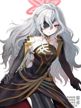 1girl absurdres bat_wings black_gloves breasts clothing_cutout commentary_request embla_(fire_emblem) fire_emblem fire_emblem_heroes frown gloves halo highres ikura_(downdexp) lace-trimmed_eyepatch monster_girl nintendo pale_skin red_eyes red_halo signature skinny small_breasts solo white_background white_hair wings