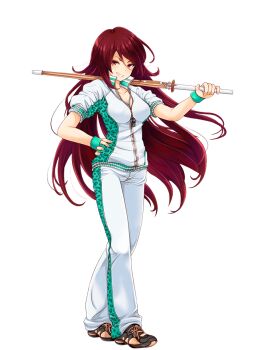 1girl animal_print chain full_body girlfriend_(kari) hand_on_own_hip hatayama_masako holding leopard_print long_hair looking_at_viewer official_art open_mouth qp:flapper red_eyes red_hair shinai shoes simple_background sleeves_rolled_up smile sneakers solo standing sword track_suit transparent_background very_long_hair weapon whistle wristband