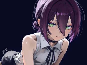 1girl black_background black_choker black_ribbon black_shorts chainsaw_man choker closed_mouth collared_shirt green_eyes hair_between_eyes hair_bun leaning_forward looking_at_viewer neck_ribbon purple_hair reze_(chainsaw_man) ribbon shirt shorts sleeveless sleeveless_shirt solo white_shirt wuhe2233pz