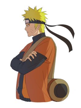 1boy blonde_hair coat crossed_arms facial_mark forehead_protector from_side h0dongkang highres jacket konohagakure_symbol long_sleeves male_focus naruto_(series) naruto_shippuuden open_clothes open_coat red_coat scroll sennin_mode short_hair solo spiked_hair upper_body uzumaki_naruto whisker_markings white_background