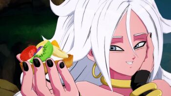 android_21 animated animated_gif black_nails blue_eyes colored_skin dragon_ball dragon_ball_fighterz earrings eating food hand_on_own_cheek hand_on_own_face jewelry majin_android_21 neck_ring open_mouth pink_skin ring teeth white_hair