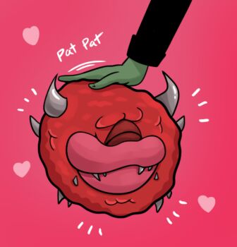 anonymous_(4chan) cacodemon colored_skin doom_(series) drawfag excited closed_eyes fangs green_skin headpat heart horns pink_background simple_background smile