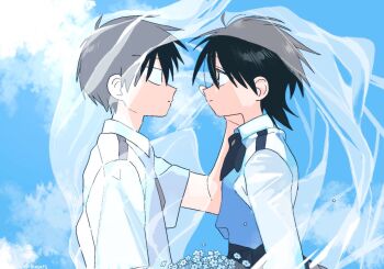 1boy 1girl black_hair blue_sky bouquet collared_shirt commentary_request couple expressionless eye_contact flower highres holding holding_bouquet light_smile looking_at_another original shirt short_hair sky takanashi_atashi veil vest wind