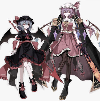 2girls absurdres adapted_costume alternate_color alternate_hair_color ascot bat_wings black_boots black_coat black_hat black_shirt black_skirt blue_hair boots bow bowtie brooch closed_mouth coat coat_on_shoulders collared_shirt commentary_request crystal crystal_wings flandre_scarlet flandre_scarlet_(vampire_pursuing_the_hunter) frilled_shirt_collar frilled_skirt frills full_body hat hat_ribbon height_difference highres holding holding_polearm holding_sword holding_weapon jewelry looking_at_viewer mob_cap multicolored_wings multiple_girls pantyhose pointy_ears polearm puffy_short_sleeves puffy_sleeves purple_hair red_ascot red_bow red_eyes red_skirt red_vest remilia_scarlet remilia_scarlet_(tiny_devil_mistress) ribbon shirt short_sleeves simple_background skirt skirt_set sleeve_bow smile spear spear_the_gungnir striped_clothes striped_pantyhose sword tomura_amane touhou touhou_lostword vertical-striped_clothes vertical-striped_pantyhose vest weapon white_hat white_shirt wings yellow_bow yellow_bowtie