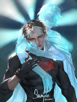 2boys bat_signal batman_(series) batman_symbol black_bodysuit black_gloves black_hair blue_eyes bodysuit dc_comics dual_persona gloves highres jason_todd male_focus multicolored_bodysuit multiple_boys muscular muscular_male red_hood_(dc) red_hood_and_the_outlaws robin_(dc) short_hair superhero_costume taut_bodysuit two-tone_bodysuit ye_baichu