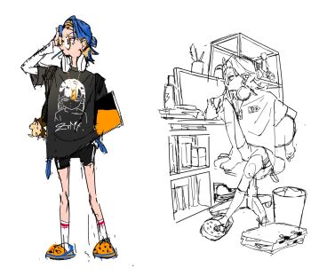 2girls adjusting_hair animal_charm backpack bag black_background black_outline black_shorts black_sleeves blonde_hair blue_hair book can chair character_charm character_print charm_(object) colored_inner_hair commentary_request computer concept_art crocs desk drink_can energy_drink glasses gradient_clothes gradient_shirt hair_bun half_updo headphones headphones_around_neck highres holding holding_pencil holding_sketchbook jpeg_artifacts kneehighs layered_sleeves legs_apart long_sleeves looking_at_object maruman_(brand) maruman_sketchbook mouth_hold multicolored_hair multiple_girls naga_(zutomayo) neko_reset_(zutomayo) nira-chan nira-chan_(animator)_(neko_reset)_(zutomayo) nira-chan_(obenkyou_shitoiteyo)_(zutomayo) obenkyou_shitoiteyo official_art orange_shoes outline partially_colored pencil plant print_shirt production_art profile red_eyes rimless_eyewear round_eyewear shimatsuku shirt shoes short_over_long_sleeves short_shorts short_sleeves shorts single_hair_intake sitting sketch sketchbook socks soda_can standing swivel_chair trash_can tube_socks two-tone_hair uniguri_(zutomayo) unworn_footwear white_sleeves white_socks zutto_mayonaka_de_ii_no_ni