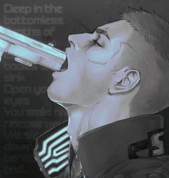 Rule 34 | 1boy, buzz cut, closed eyes, cyberpunk (series), cyberpunk 2077, english text, facial mark, glowing, gun, gun to mouth, handgun, head tilt, highres, imminent death, limited palette, male focus, open mouth, pistol, popped collar, portrait, semi-automatic pistol, short hair, solo, taos dungeon, underlighting, v (cyberpunk), very short hair, weapon