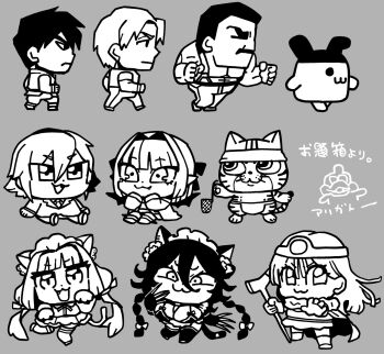 4boys 4girls :3 :d animal_ears artist_self-insert bat_wings bkub braid breasts bunzo_(red_cat_ramen) cat cat_ears cat_girl cat_tail chibi chibi_only circlet closed_mouth cody_travers dot_nose dragon_quest dragon_quest_iii dress duckman fang fang_out final_fight grey_background grey_hair guy_(final_fight) hair_between_eyes hair_intakes hands_up highres holding holding_staff large_breasts last_origin long_hair maid_headdress makaino_ririmu mike_haggar mimitchi multiple_boys multiple_girls necktie nijisanji open_mouth original outstretched_arm perrault_(last_origin) poi_(last_origin) pointy_ears red_cat_ramen sage_(dq3) short_hair simple_background sitting smile staff suspenders tail tamagotchi tamagotchi_(creature) thighhighs translation_request twin_braids uzuki_kou v-shaped_eyebrows virtual_youtuber walking wings