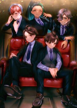 2boys 3girls absurdres adjusting_clothes adjusting_necktie alternate_costume arven_(pokemon) asada_sadao black_jacket black_pants black_vest braid brown_eyes brown_footwear brown_hair closed_mouth couch crossed_legs florian_(pokemon) glasses green_hair highres jacket juliana_(pokemon) long_sleeves multicolored_hair multiple_boys multiple_girls necktie nemona_(pokemon) nintendo one_eye_closed open_clothes open_jacket pants penny_(pokemon) pokemon pokemon_sv purple_necktie red_hair round_eyewear shirt shoes sitting smile two-tone_hair vest