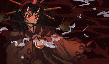 1other absurdres androgynous angry black_background black_hair bow bowl bowtie brooch brown_kimono candle_on_head chinese_commentary commentary_request cowboy_shot dagger demon_horns fake_horns fangs fire furrowed_brow ghost_tail green_fire hair_ornament hairband hairpin headband highres holding holding_bowl holding_dagger holding_knife holding_weapon horns japanese_clothes jewelry kimono knife len'en long_hair looking_at_viewer messy_hair mouth_guard multiple_hairpins other_focus otogisum3 red_bow red_bowtie red_eyes red_hairband red_headband red_ribbon red_theme ribbon sleeve_ribbon slit_pupils smoke solo striped_bow striped_bowtie striped_clothes taira_no_chouki very_long_hair weapon white_horns wide_sleeves