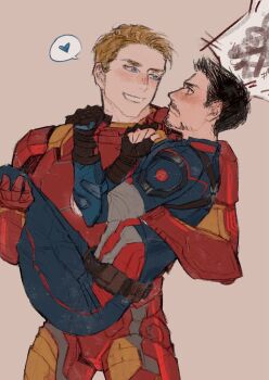 Rule 34 | 2boys, arc reactor, armor, avengers (series), belt, black hair, blonde hair, blue bodysuit, blue eyes, blush, bodysuit, brown belt, brown eyes, brown gloves, captain america, captain america (cosplay), carrying, clenched hands, closed mouth, commentary, cosplay, costume switch, cowboy shot, embarrassed, english commentary, facial hair, fingerless gloves, full armor, gloves, hands up, heart, iron man, iron man (cosplay), lanita 1212, looking at another, male focus, marvel, multicolored armor, multiple boys, pink background, pocket, power armor, princess carry, red armor, short hair, simple background, smile, speech bubble, spoken heart, standing, steve rogers, striped bodysuit, superhero costume, teeth, tony stark, yaoi, yellow armor