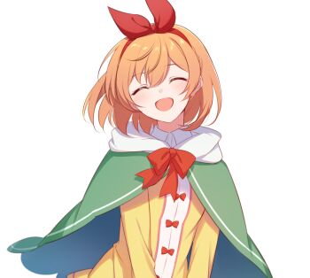 1girl bow bow_hairband cloak closed_eyes commentary_request dress facing_viewer green_cloak hair_between_eyes hairband highres long_sleeves medium_hair mikami_(nemu_mohu) open_mouth petra_leyte re:zero_kara_hajimeru_isekai_seikatsu red_bow red_hairband sidelocks simple_background smile solo upper_body white_background yellow_dress