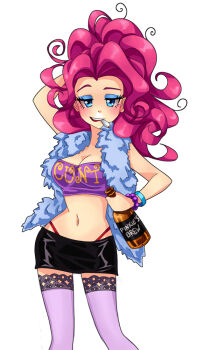 Rule 34 | 1girl, alcohol, blue eyes, bracelet, breasts, eyebrows, eyelashes, eyeshadow, feather boa, female focus, highleg, highleg panties, jewelry, makeup, midriff, my little pony, my little pony: friendship is magic, nail polish, navel, open mouth, panties, personification, pink hair, pinkie pie, prostitution, semehammer, smoking, solo, strapless, thighhighs, tube top, underwear, zettai ryouiki